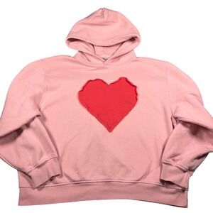 Modern Lux Womens XL Pink Heart Patch Hoodie Sweatshirt Red Raw Edge Valentine